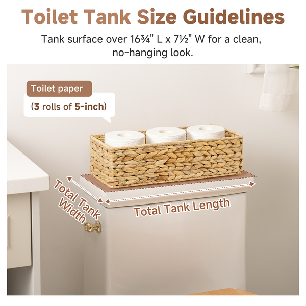 Water Hyacinth Toilet Paper Basket set on a toilet tank, showcasing natural woven texture and warm tones.