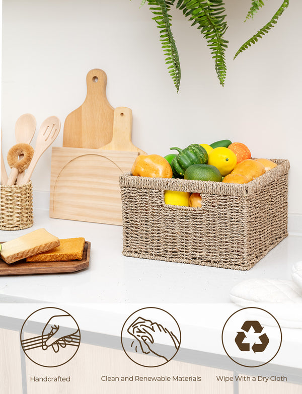 Handwoven Seagrass Storage Basket for Organizing, Large + Small Set