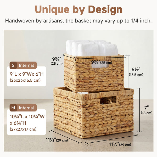 Water Hyacinth Storage Baskets with Built-in Handles, Set of 2