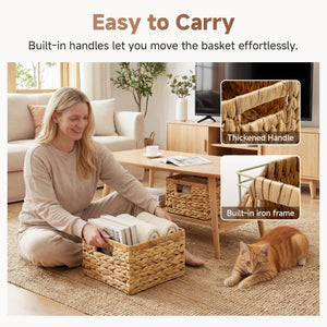 Water Hyacinth Storage Baskets with Built-in Handles, Set of 2