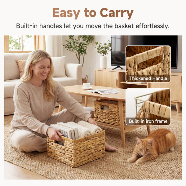 Water Hyacinth Storage Baskets with Built-in Handles, Set of 2