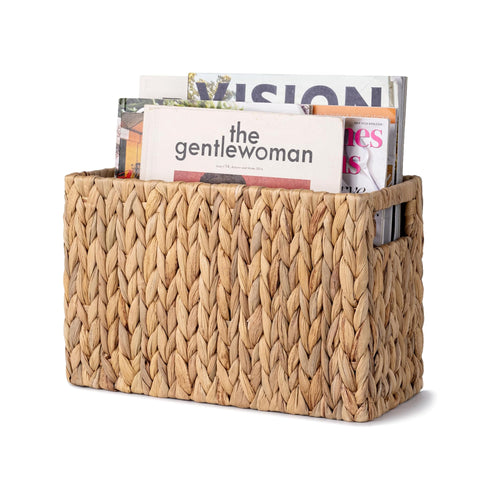 Hand-Woven Divided Magazine Basket, Natural Water Hyacinth