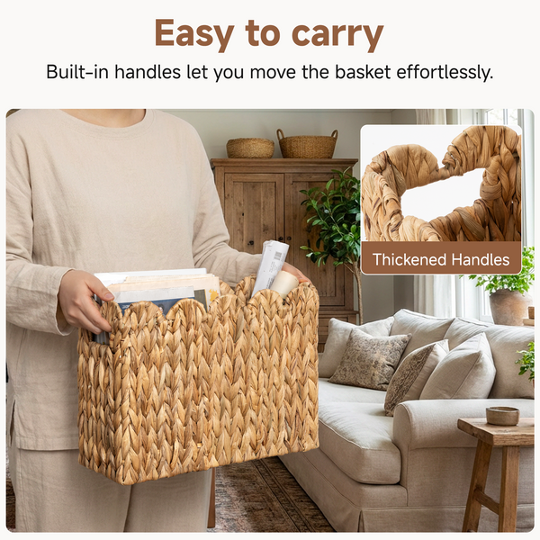 Hand-Woven Divided Magazine Basket, Natural Water Hyacinth
