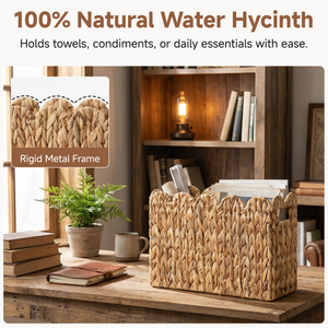 Hand-Woven Divided Magazine Basket, Natural Water Hyacinth
