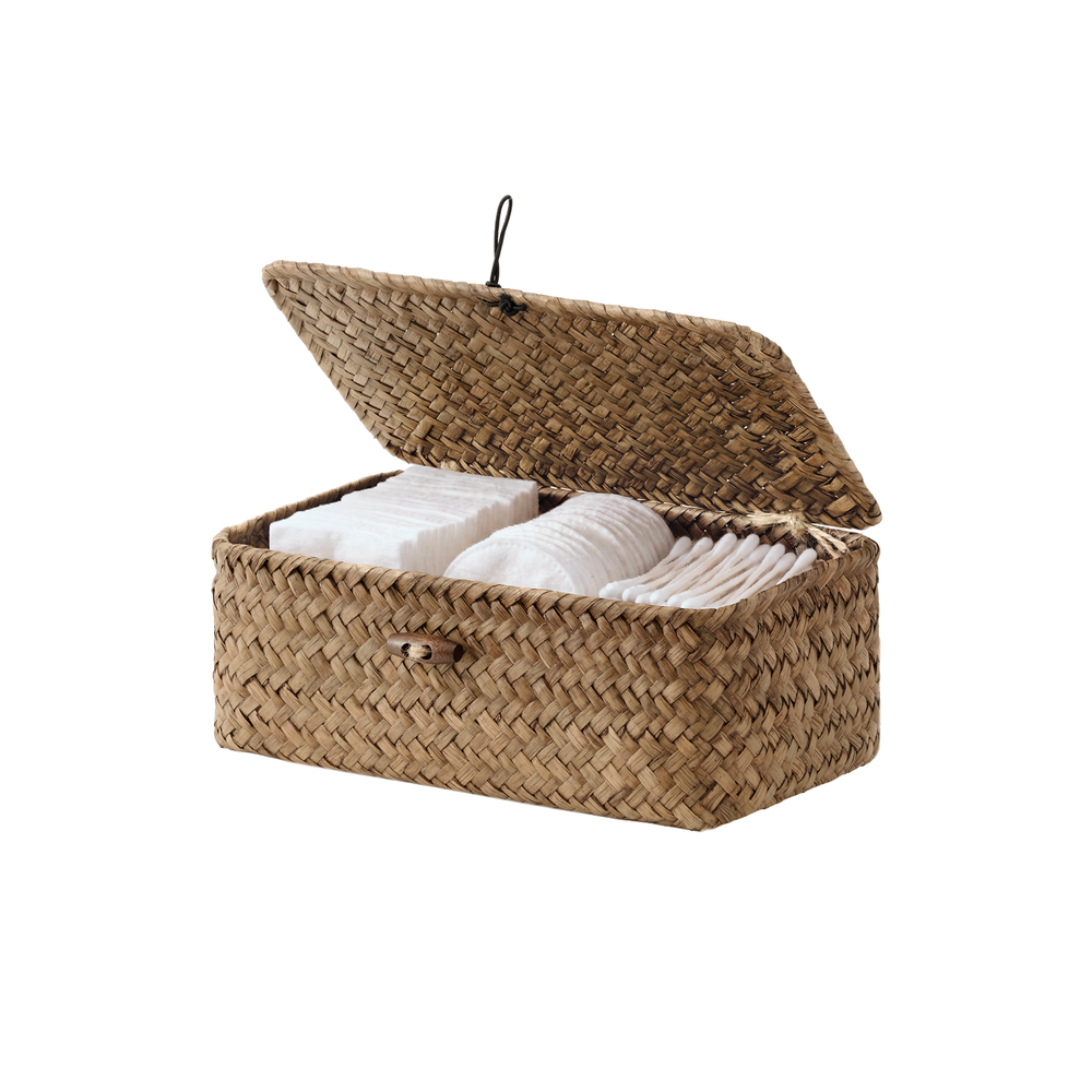 Small Flat Seagrass Wicker Basket with Lid