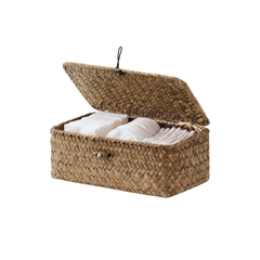 Small Flat Seagrass Wicker Basket with Lid