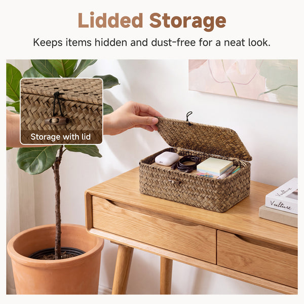 Small Flat Seagrass Wicker Basket with Lid