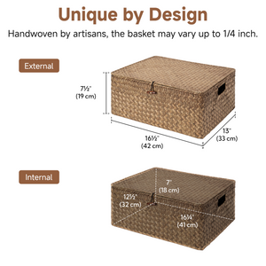 Flat Seagrass Wicker Basket with Lid and Built-In Handles