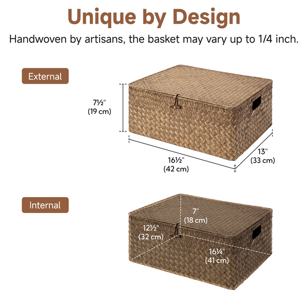 Flat Seagrass Wicker Basket with Lid and Built-In Handles