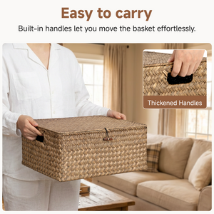 Flat Seagrass Wicker Basket with Lid and Built-In Handles