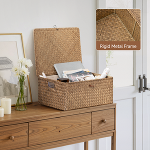 Flat Seagrass Wicker Basket with Lid and Built-In Handles
