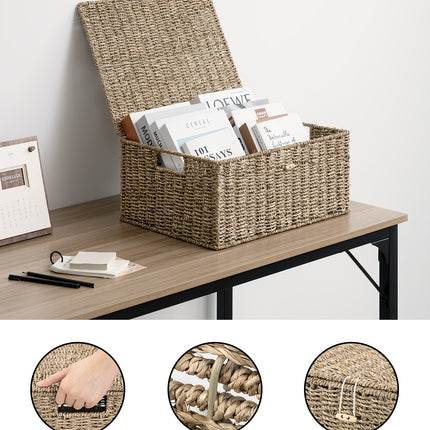 StorageWorks Wicker Basket with Lid and  Built-in Handles, Storage Basket for Organizing