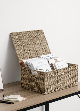 Wicker Basket with Lid and  Built-in Handles, Storage Basket for Organizing