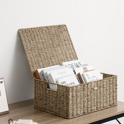 StorageWorks Wicker Basket with Lid and  Built-in Handles, Storage Basket for Organizing