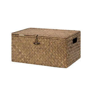 Flat Seagrass Wicker Basket with Lid and Built-In Handles