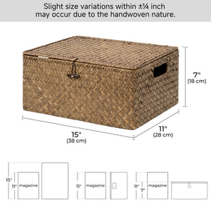 Flat Seagrass Wicker Basket with Lid and Built-In Handles