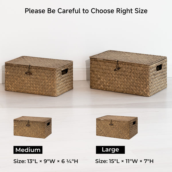 Flat Seagrass Wicker Basket with Lid and Built-In Handles