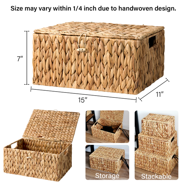 Wicker Basket with Lid and  Built-in Handles, Water Hyacinth, 1 Pack