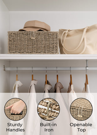 Wicker Basket with Lid and  Built-in Handles, Storage Basket for Organizing