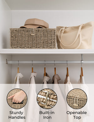 Wicker Basket with Lid and  Built-in Handles, Storage Basket for Organizing