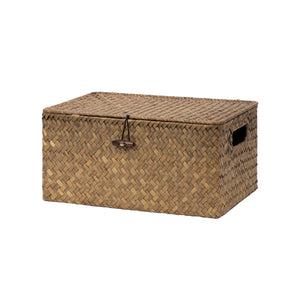 Flat Seagrass Wicker Basket with Lid and Built-In Handles