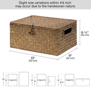Flat Seagrass Wicker Basket with Lid and Built-In Handles