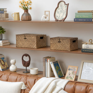 Flat Seagrass Wicker Basket with Lid and Built-In Handles