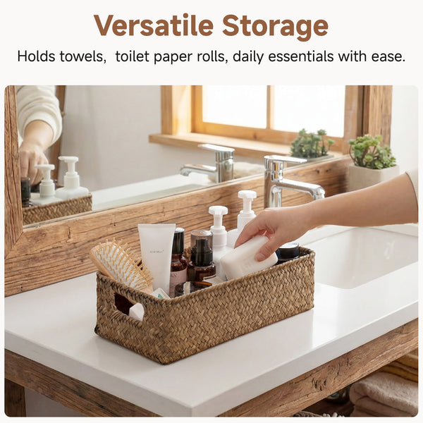 Woven Flat Seagrass Toilet Paper Basket, Built-In Handles