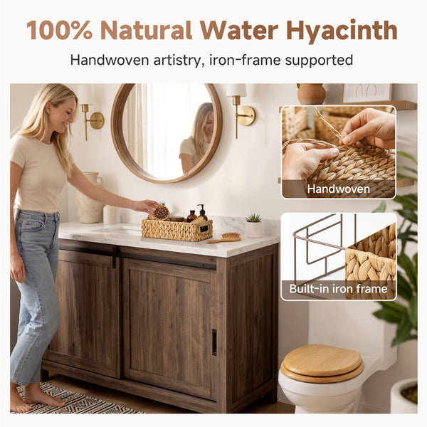 Woven Water Hyacinth Toilet Paper Storage Basket, Built-In Handles