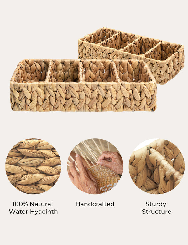 Small Water Hyacinth Baskets for Organizing with 4 Sections, 2 Pack