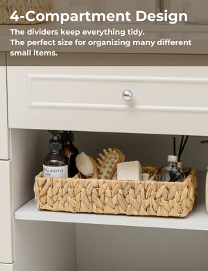 Small Water Hyacinth Baskets for Organizing with 4 Sections, 2 Pack