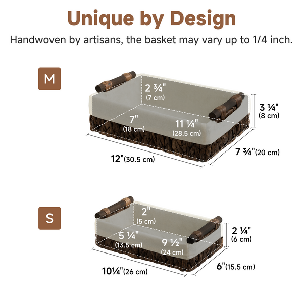 Small Water Hyacinth Baskets for Organizing with Natural Fiber Liner, 2 Pack