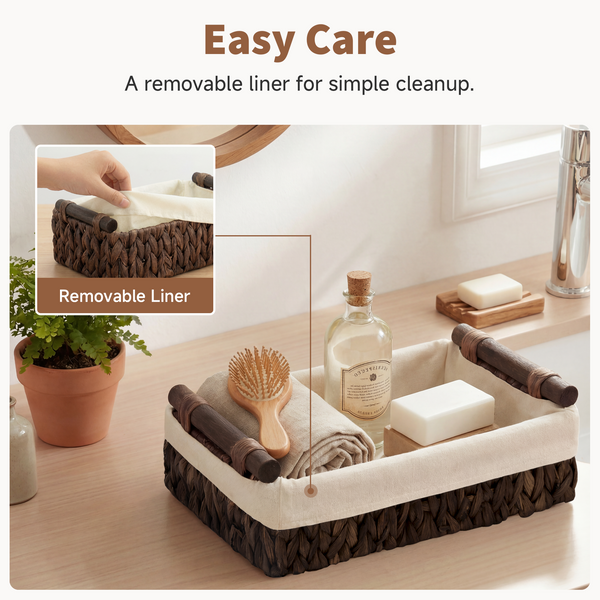 Small Water Hyacinth Baskets for Organizing with Natural Fiber Liner, 2 Pack