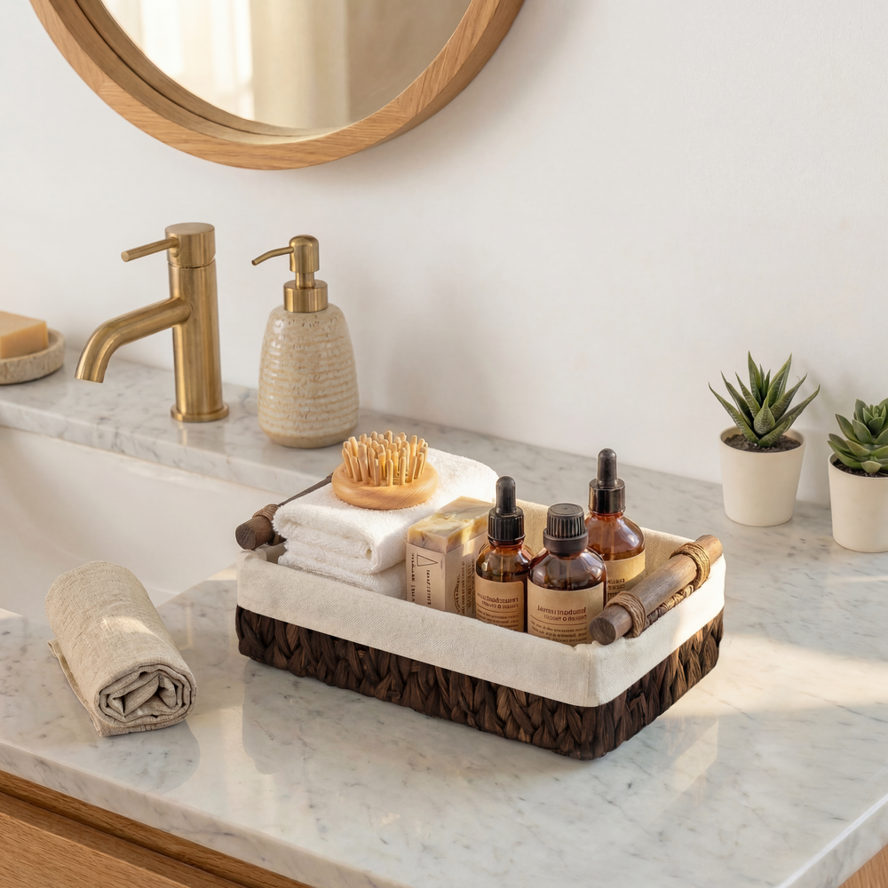 Small Water Hyacinth Baskets for Organizing with Natural Fiber Liner, 2 Pack