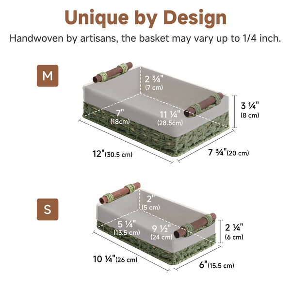 Small Baskets for Organizing with Wooden Handles and Liner, 2 Pack