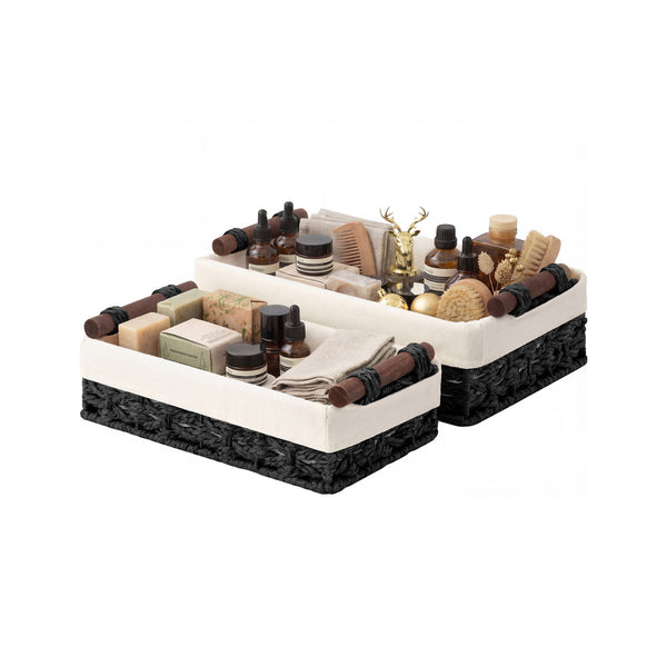 Small Baskets for Organizing with Wooden Handles and Liner, 2 Pack