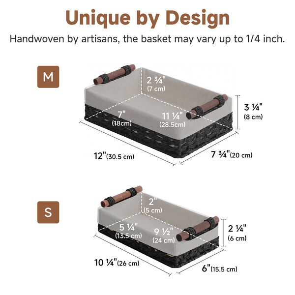 Small Baskets for Organizing with Wooden Handles and Liner, 2 Pack