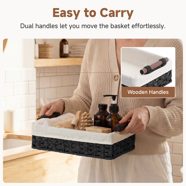 Small Baskets for Organizing with Wooden Handles and Liner, 2 Pack