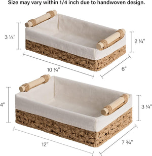 Small Baskets for Organizing with Wooden Handles and Liner, 2 Pack