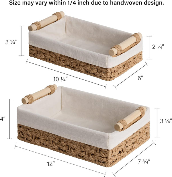 Small Baskets for Organizing with Wooden Handles and Liner, 2 Pack