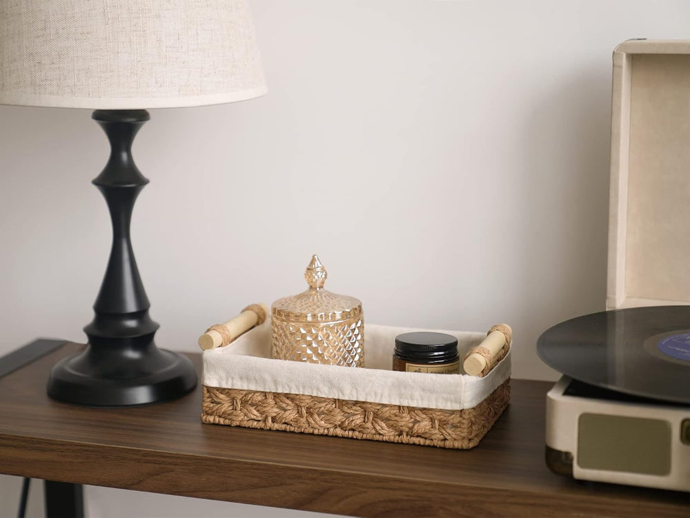 Small Baskets for Organizing with Wooden Handles and Liner, 2 Pack