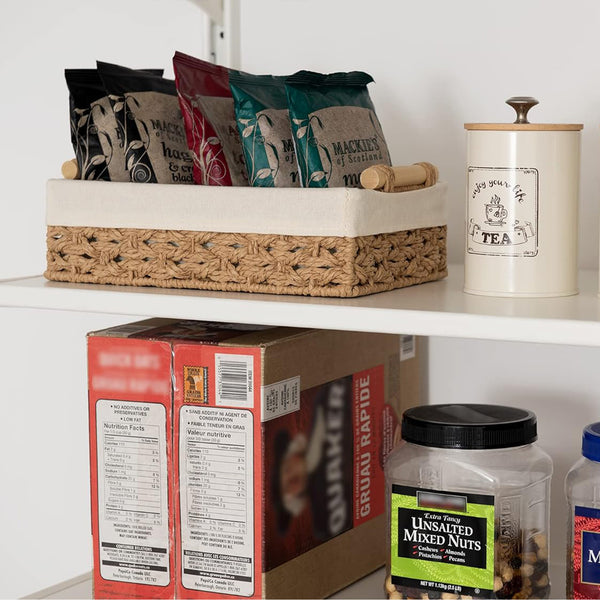 Small Baskets for Organizing with Wooden Handles and Liner, 2 Pack