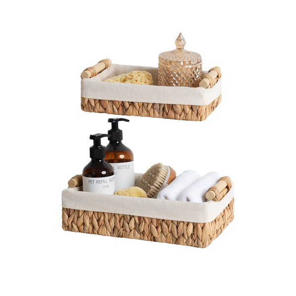 Small Water Hyacinth Baskets for Organizing with Natural Fiber Liner, 2 Pack
