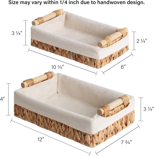 Small Water Hyacinth Baskets for Organizing with Natural Fiber Liner, 2 Pack