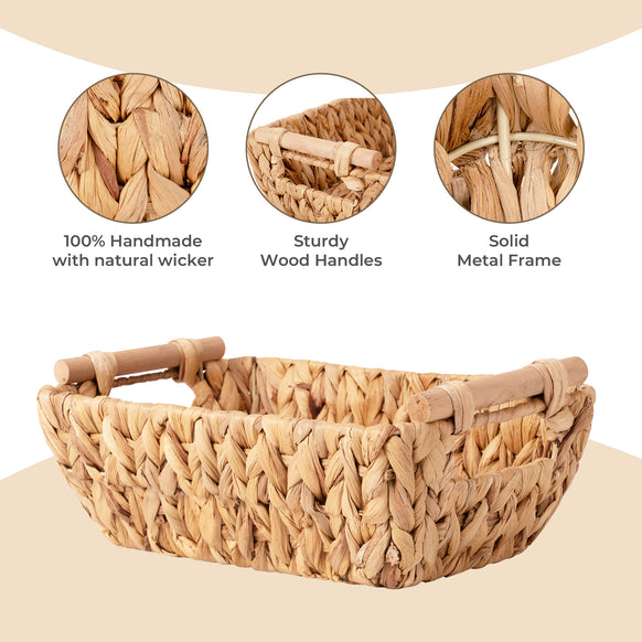 Hand-Woven Small Wicker Baskets with Wooden Handles, 2-pack