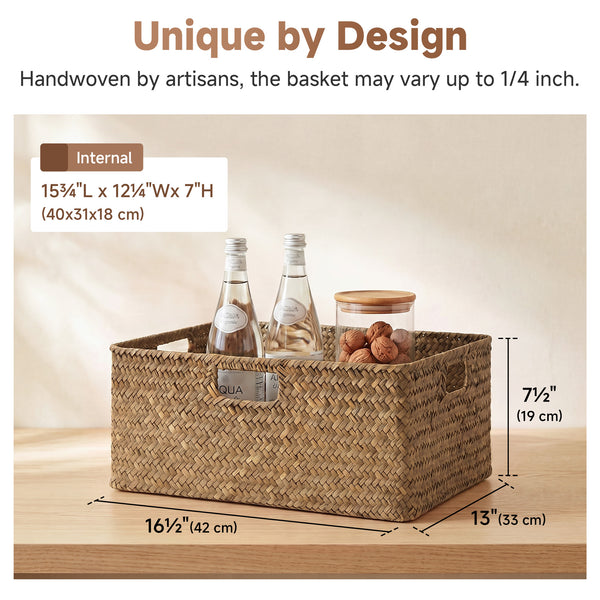 Rectangular Flat Seagrass Basket with Built-In Handles