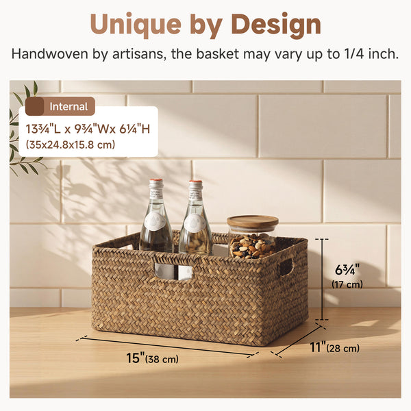 Rectangular Flat Seagrass Basket with Built-In Handles