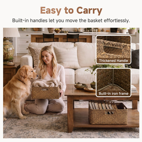 Rectangular Flat Seagrass Basket with Built-In Handles