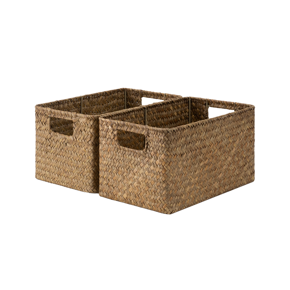 Rectangular Flat Seagrass Basket with Built-in Handles, Set of 2