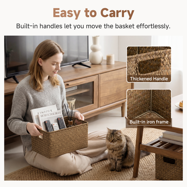 Rectangular Flat Seagrass Basket with Built-in Handles, Set of 2